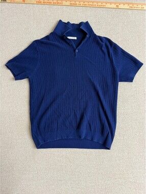 ZARA Mens Medium Royal Blue Ribbed Knit Short Sleeve Sweater Polo Shirt